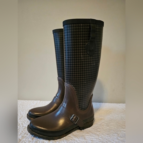 LL BEAN Wellie Tall, Black & Brown Houndstooth, Waterproof Rain Boots 9.5/10 - Picture 2 of 12